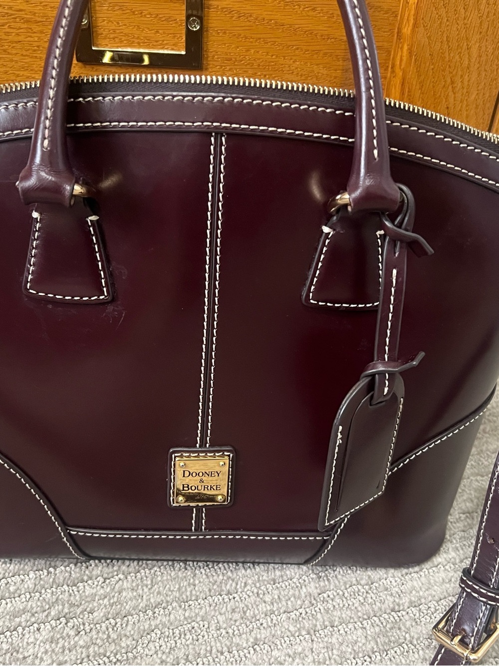 Dooney & Bourke Deep Plum Leather Satchel with White Stitching